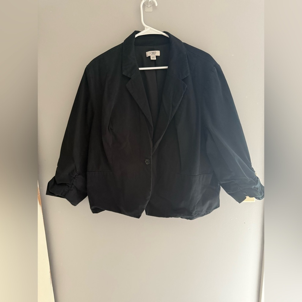 Cato Cardigan Jacket Women’s SZ 22/24w Black 1 Button Collared Ruched 3/4 Sleeve